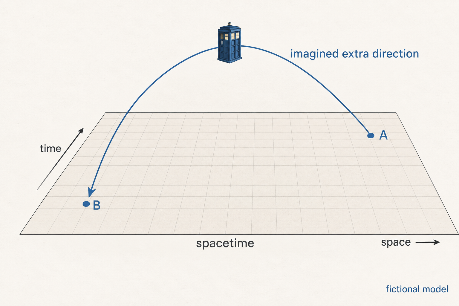 A fictional model of the TARDIS leaving a simplified spacetime map at A and returning at an earlier event B through an imagined extra direction.