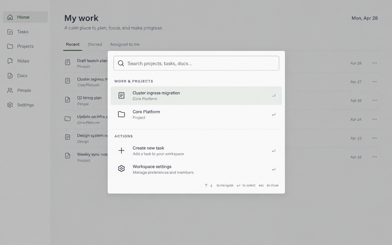 A minimal work tracker with a command palette centered over a quiet task list
